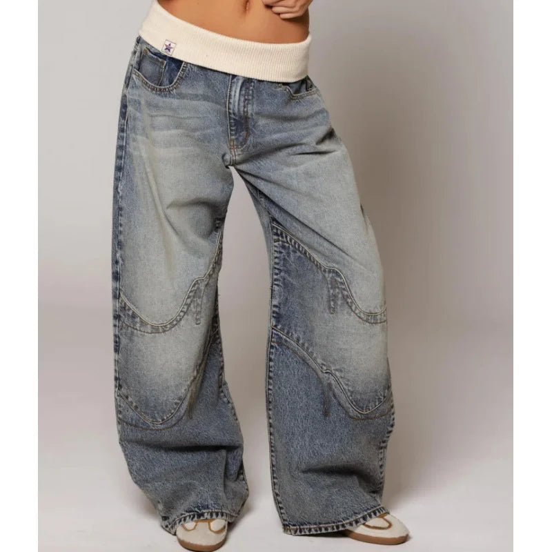 Dames Baggy Wide-Leg Jeans – Met Tailleband, Casual, Stretch Denim