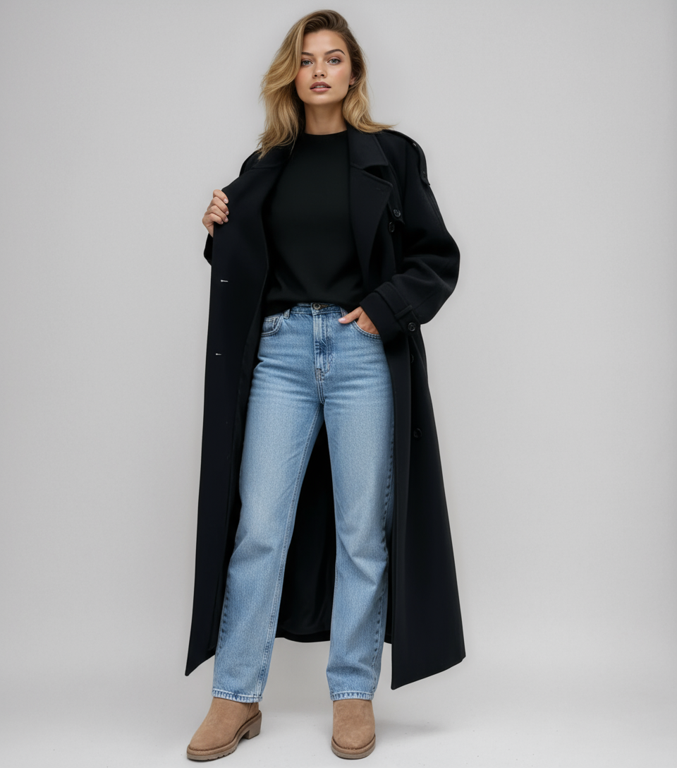 Dames Lange Double Breasted Winterjas – Zwart Wolmix, Warm en Stijlvol voor Koude Dagen