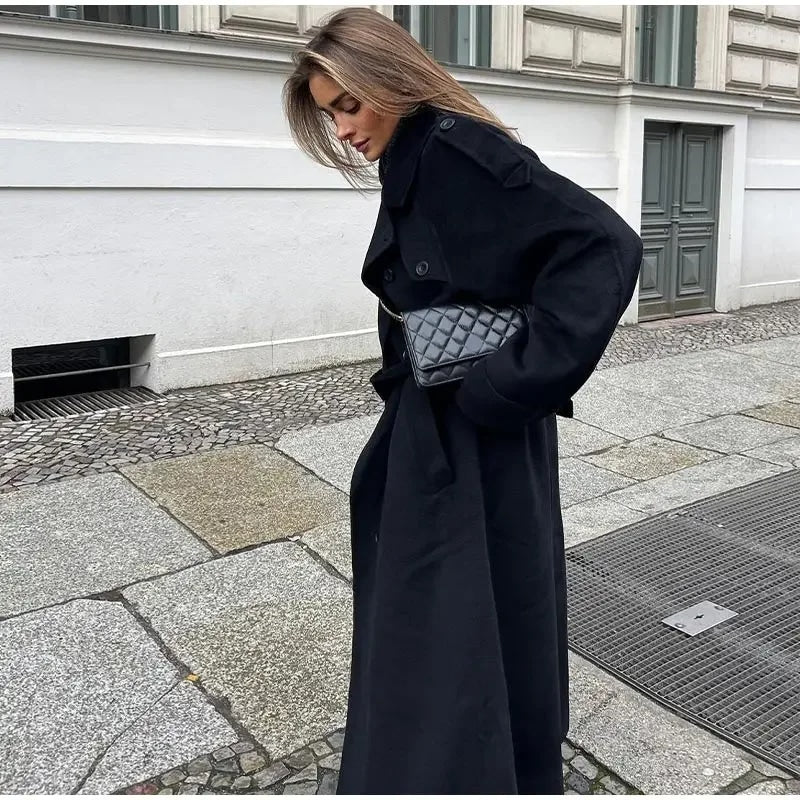 Dames Lange Double Breasted Winterjas – Zwart Wolmix, Warm en Stijlvol voor Koude Dagen
