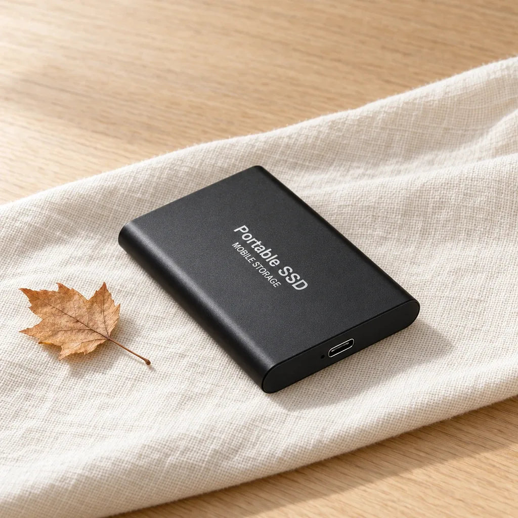 Zwarte externe SSD op linnen doek met esdoornblad