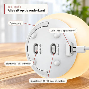 Onderkant van het nachtlampje: lichtschakelaar, slaaptimer, USB Type-C en ophangoog