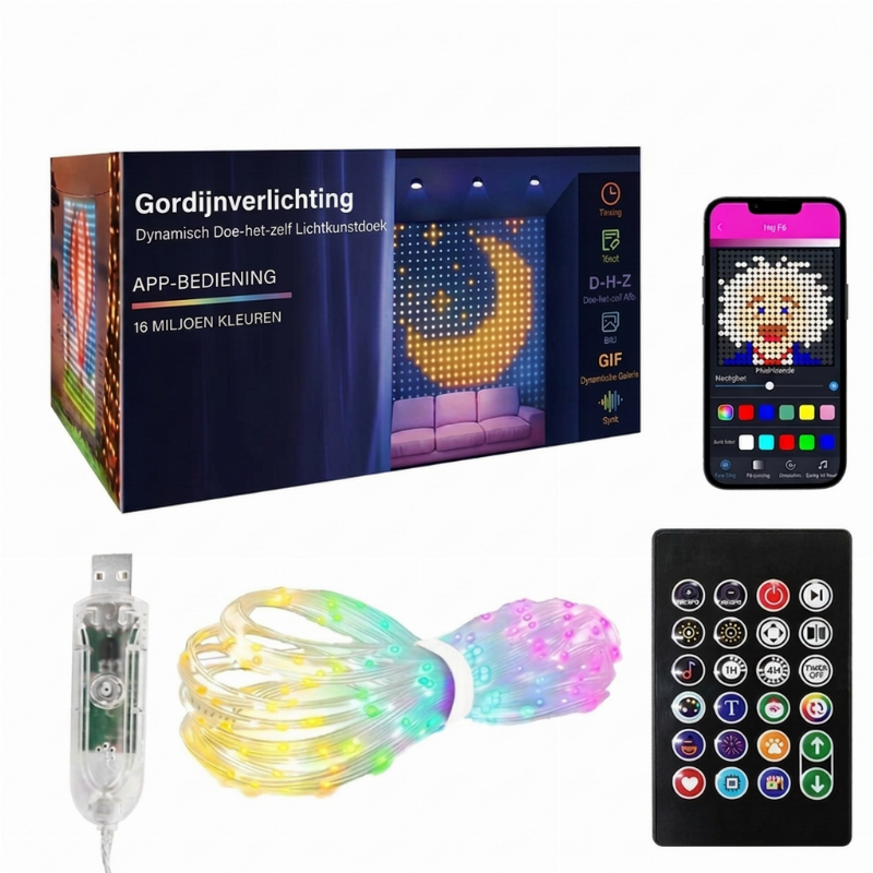 Lichtify | Van gewone lichtjes naar een spectaculaire lichtshow! Teken patronen, voeg tekst of foto's toe en laat de kleuren dansen op de muziek – waterdicht & USB-gevoed!