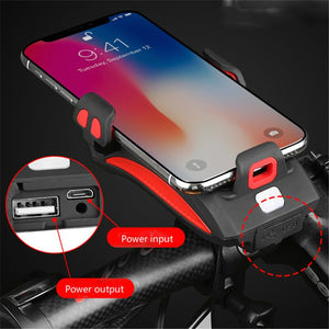 4-in-1 Fietstelefoonhouder met Powerbank, LED Verlichting en Claxon - Zwart/Rood