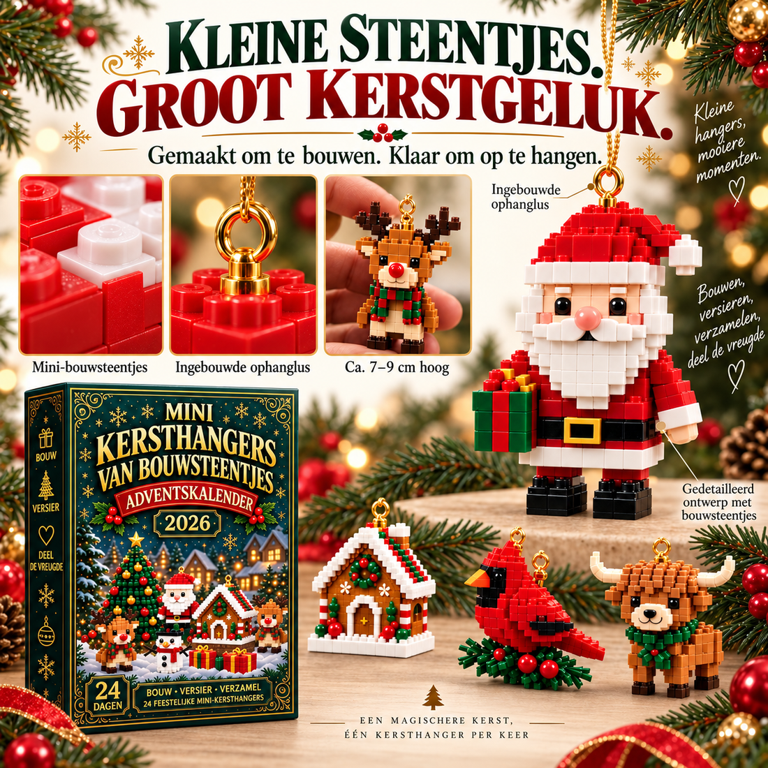 24-daagse Mini Kerstornament Adventskalender | 24 unieke, feestelijke bouwbare ontwerpen met ophanglusjes: perfect voor het versieren van kerstbomen, kransen en feestelijke displays