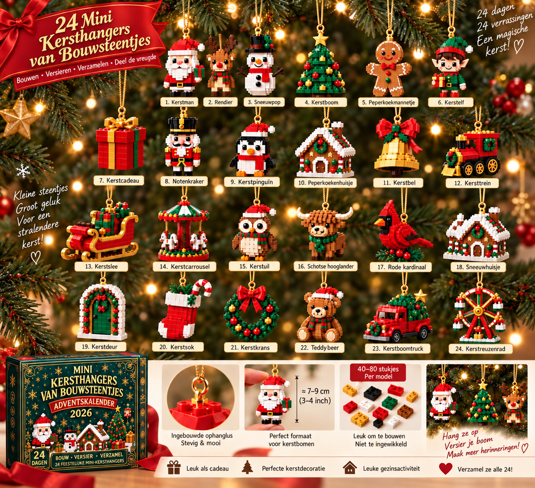 24-daagse Mini Kerstornament Adventskalender | 24 unieke, feestelijke bouwbare ontwerpen met ophanglusjes: perfect voor het versieren van kerstbomen, kransen en feestelijke displays