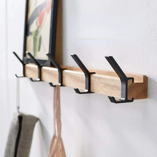 Wandkapstok - Verplaatsbare Haken - Zwart - Nordic Design - Voor Hal en Slaapkamer - Hout en Aluminium - Afmetingen -40x7x7CM