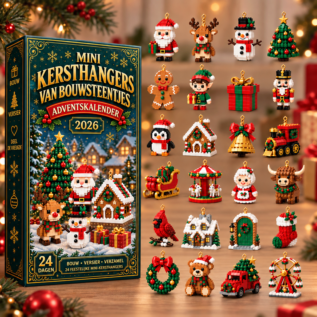 24-daagse Mini Kerstornament Adventskalender | 24 unieke, feestelijke bouwbare ontwerpen met ophanglusjes: perfect voor het versieren van kerstbomen, kransen en feestelijke displays
