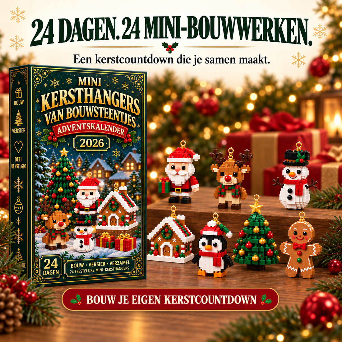 24-daagse Mini Kerstornament Adventskalender | 24 unieke, feestelijke bouwbare ontwerpen met ophanglusjes: perfect voor het versieren van kerstbomen, kransen en feestelijke displays
