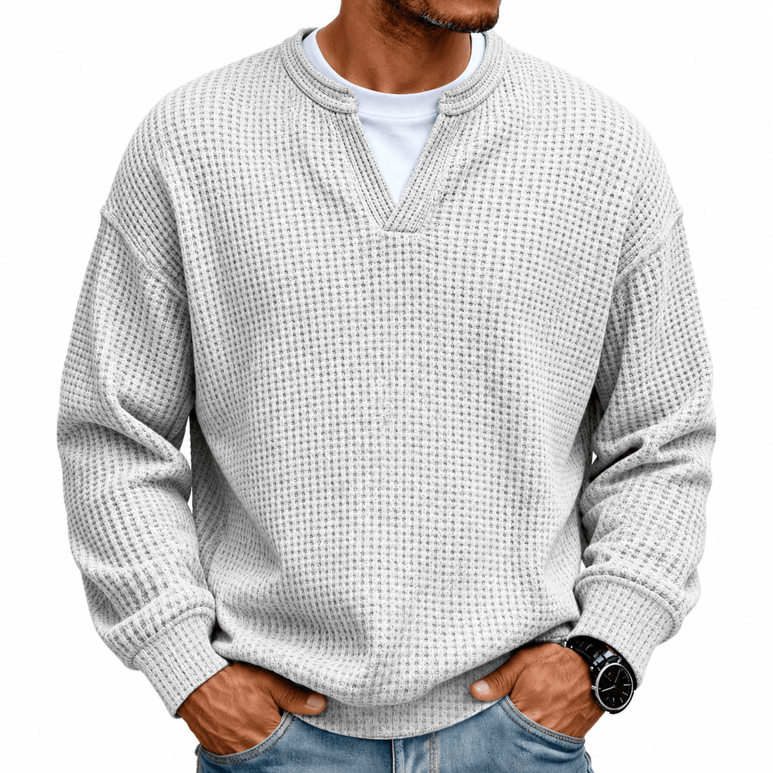 Alex Herenpoloshirt met Wafelstructuur, Ronde Hals en Lange Mouwen