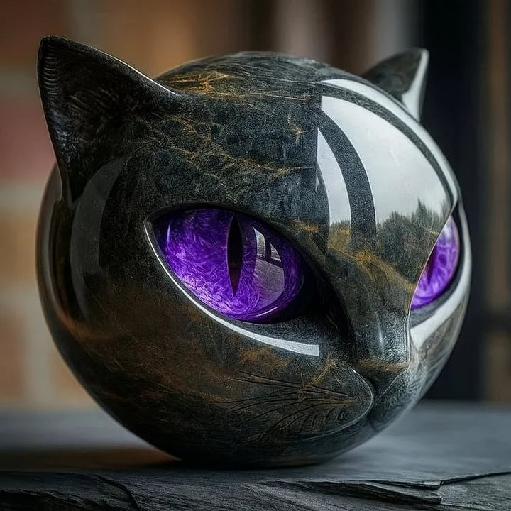 EbonEyes Kattenhoofd Sculptuur – Elegant Zwart Kattenbeeld met Diep Indringende Hypnotiserende Ogen