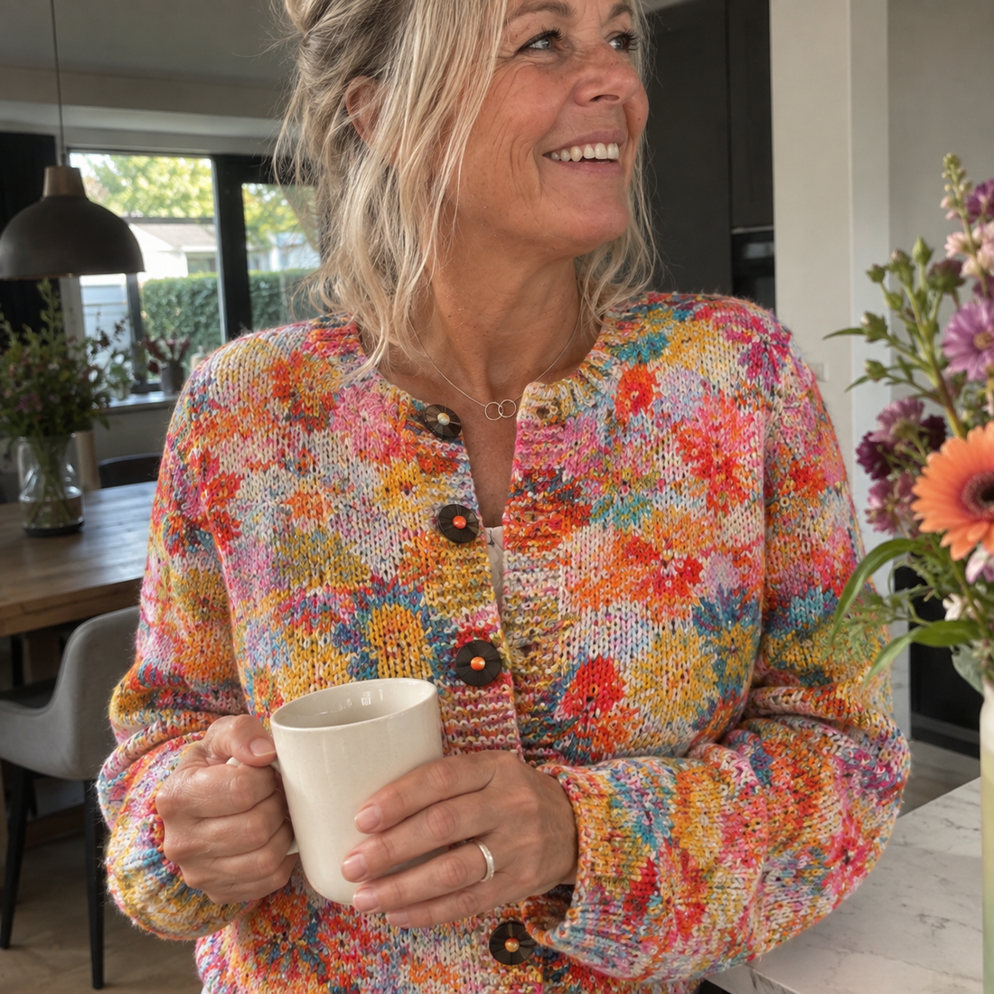 Sarah Gebloemd Gebreid Vest Zonder Sluiting