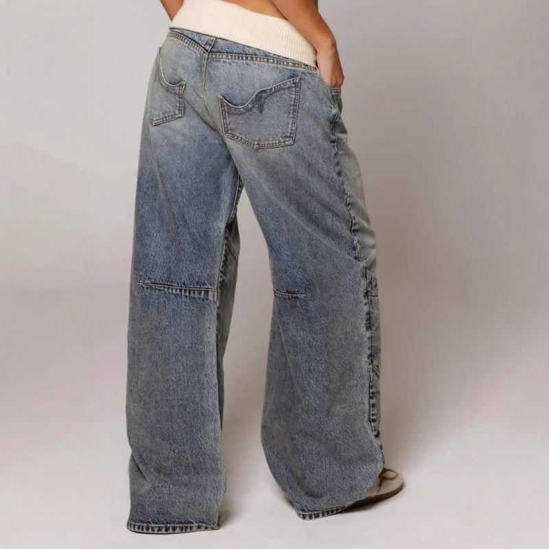 Dames Baggy Wide-Leg Jeans – Met Tailleband, Casual, Stretch Denim