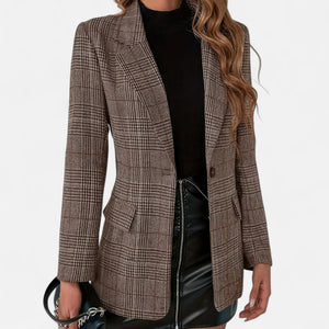 Dames Blazer Ruitmotief met Gestikte Kraag en Klepzakken