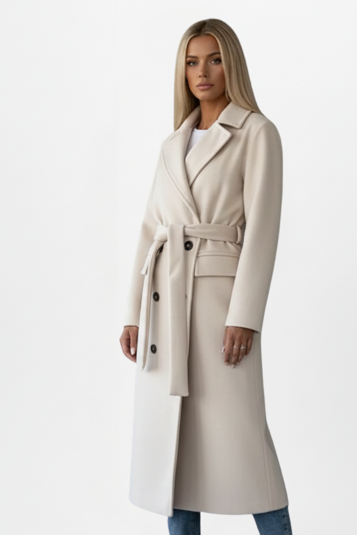 Dames Lange Jas met Ceintuur en Dubbele Rij Knopen