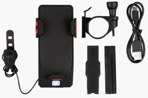 4-in-1 Fietstelefoonhouder met Powerbank, LED Verlichting en Claxon - Zwart/Rood