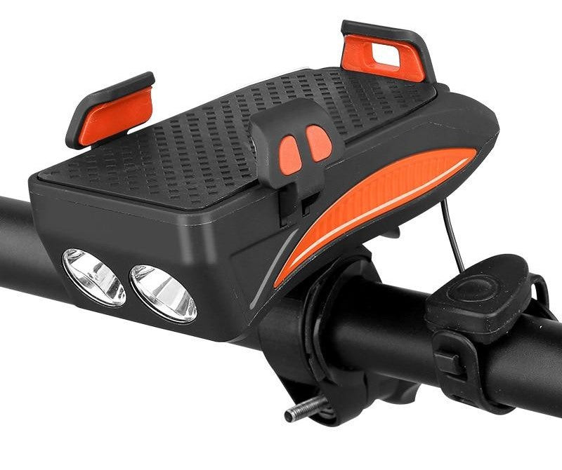 4-in-1 Fietstelefoonhouder met Powerbank, LED Verlichting en Claxon - Zwart/Rood