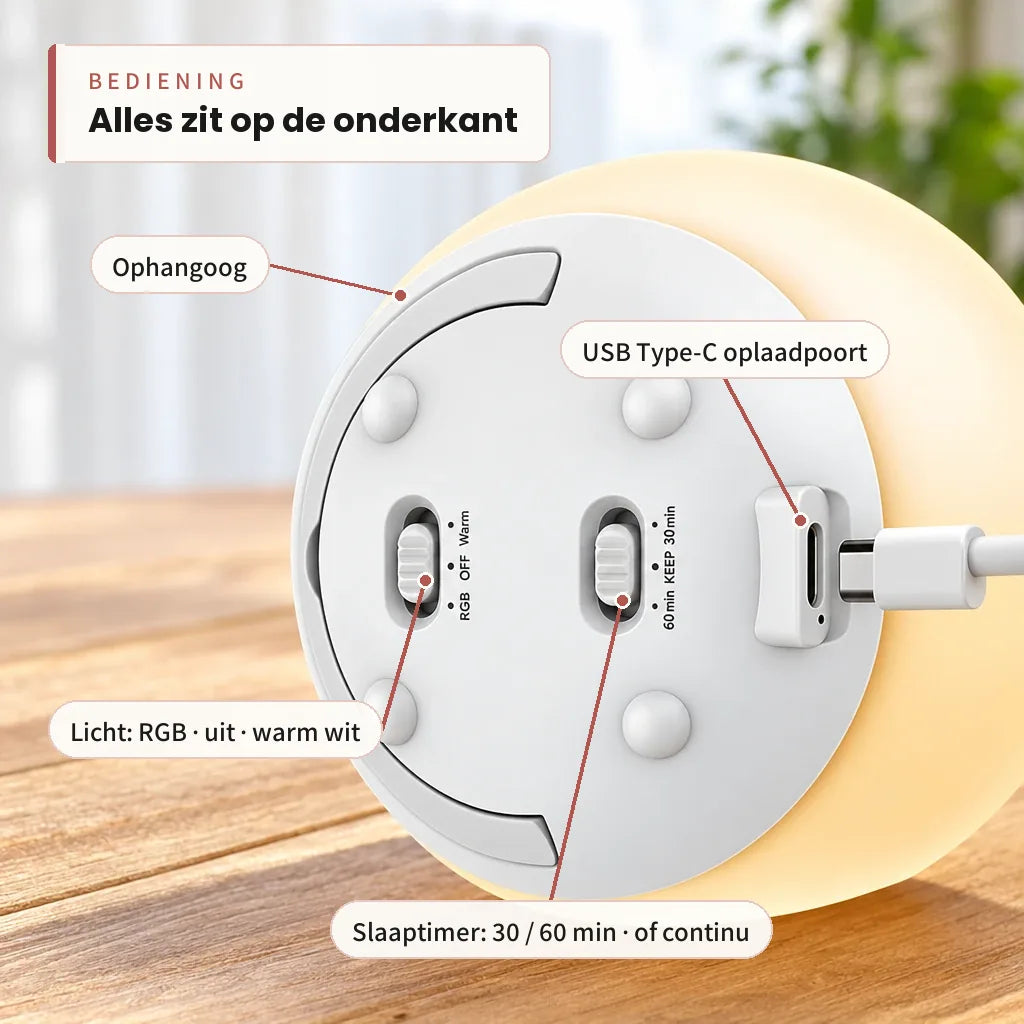 Onderkant van het nachtlampje: lichtschakelaar, slaaptimer, USB Type-C en ophangoog