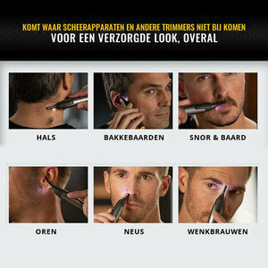 Toepassingen van de SharpTrim: hals, bakkebaarden, snor en baard, oren, neus en wenkbrauwen