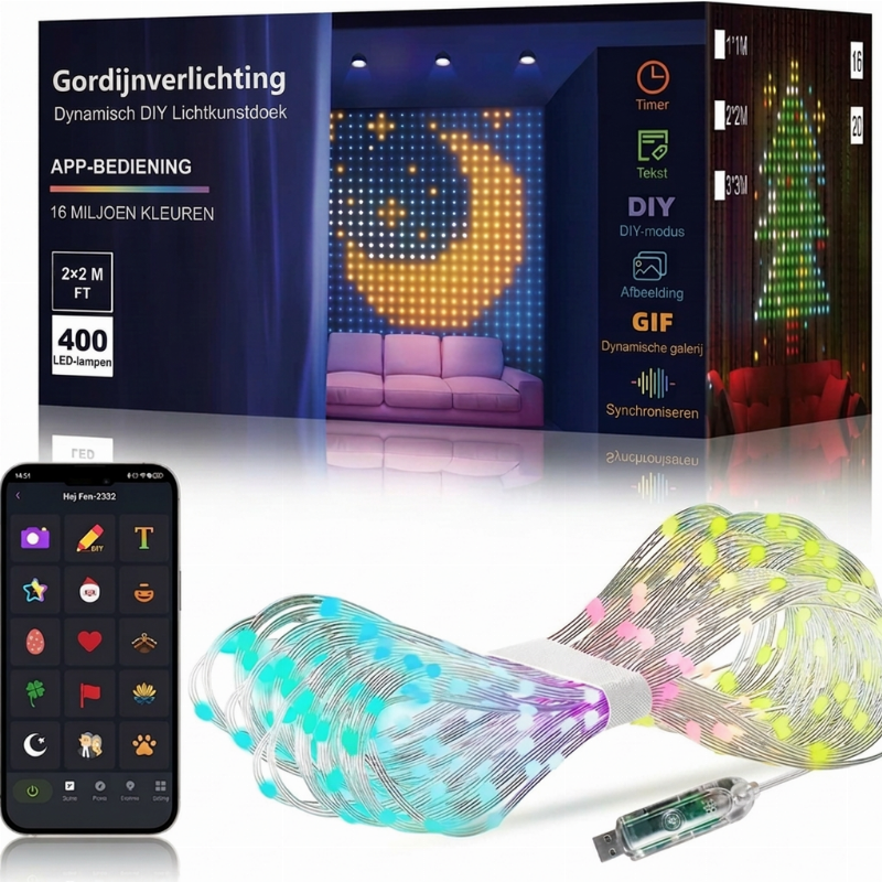 Lichtify | Van gewone lichtjes naar een spectaculaire lichtshow! Teken patronen, voeg tekst of foto's toe en laat de kleuren dansen op de muziek – waterdicht & USB-gevoed!